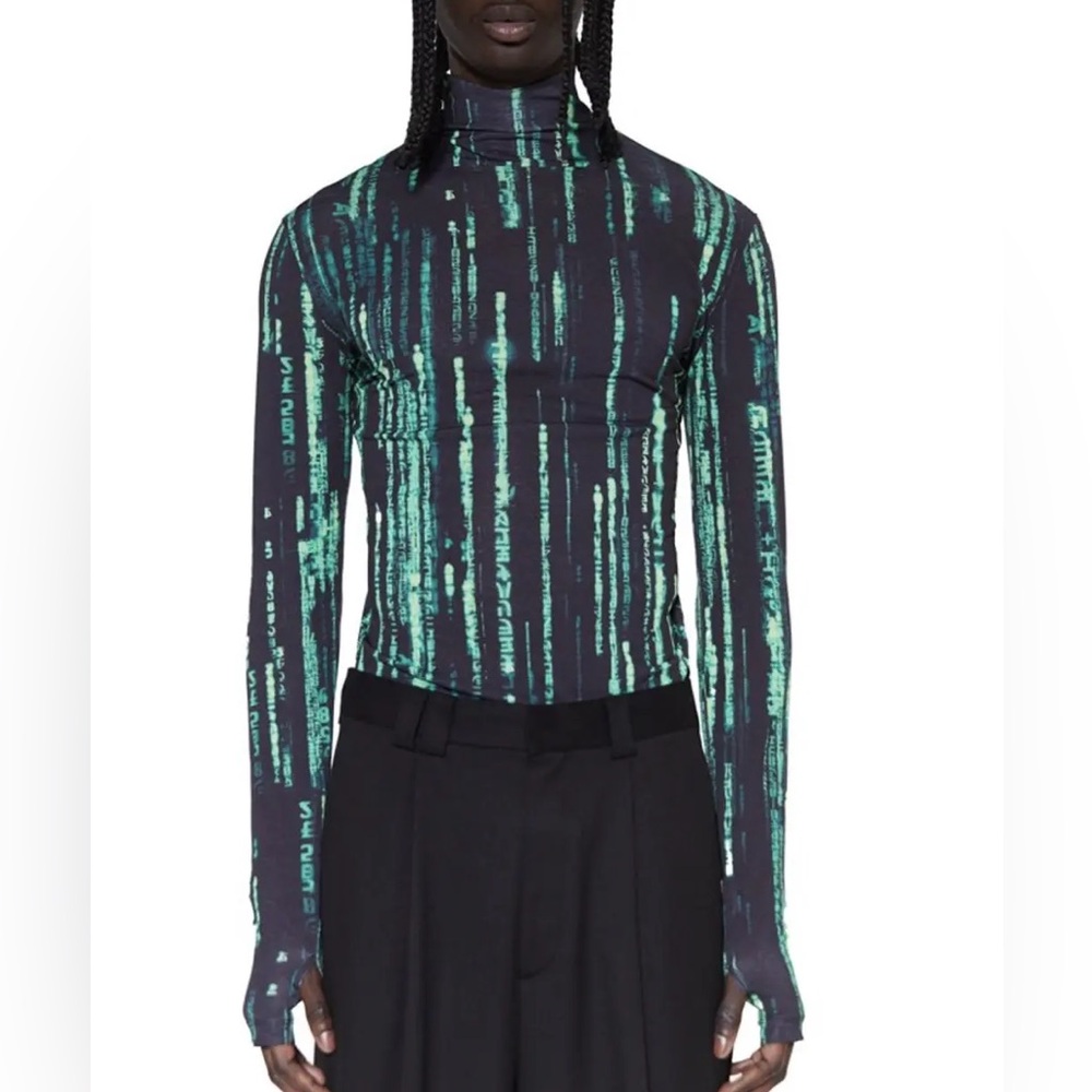 JADED LONDON “Matrix” Green Code Print Long Sleeve Mock Neck Top – Size S